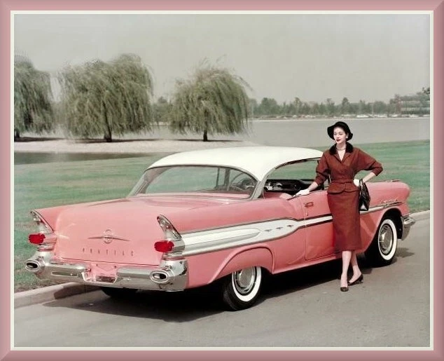 1957 Pontiac Catalina cupê, rosa/branco, caixa de ferramentas/ímã de geladeira, 42 MIL - Imagem 1 de 1