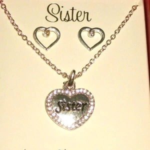 Women's 18" Long Necklace and Pierced Earring Set "Sister" Theme New in the Box - Picture 1 of 3