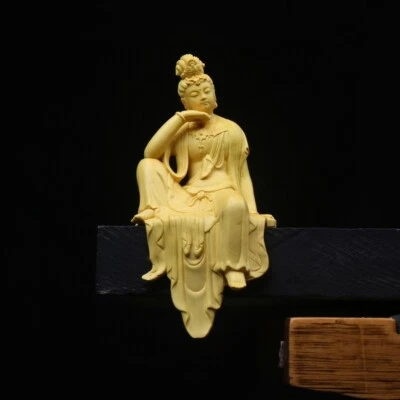 Chinese 100% Boxwood Wood Hand Carved Guanyin Kwan-yin buddha Statue table deco - Image 1 of 4