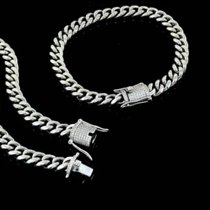 Mens Miami Cuban Link Bracelet&Chain Set White Gold Stainless Steel Via CZ Clasp - Picture 1 of 10