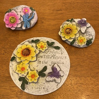 "Nueva piedra artística de jardín Believe Hope Friends púrpura amarillo rosa azul flores 6 1/4""" Foto 1 de 4