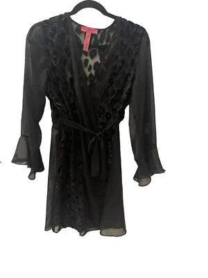 Bata negra para mujer Betsey Johnson talla pequeña volantes manga campana brillante leopardo Foto 1 de 4