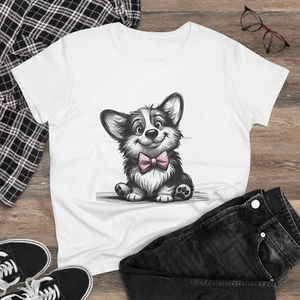 Digipups Corgi Welpe Hund rosa Fliege Skizze Cartoon Damen T-Shirt - Bild 1 von 3