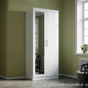 White 2 Door High Gloss Wardrobe Bedroom Furniture Storage with Hanging Rail - Picture 1 of 13