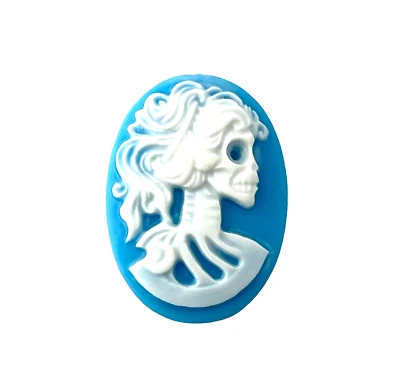 Cameo Dia De Los Muertos 女式胸围 25x18 毫米蓝色白色平背凸圆形 — 第 1/3 张图片