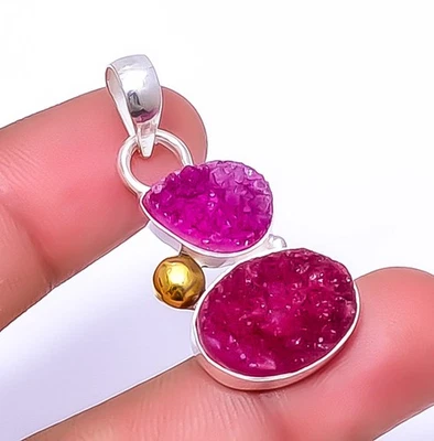 Pink Quartz Drusy 925 Sterling Silver Two Tone Gold Plated Pendant 1.56" A35 - Image 1 of 4