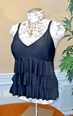 Nicole Miller, Ruffle Triple-Tier Softcup Tankini Swim Top In Black Size 2X (20) - Image 1 of 4