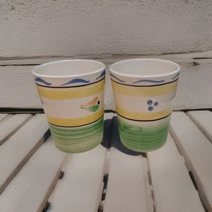 Juego de 2 tazas de café sin manos IKEA vintage blancas con diseño de patrón verde y azul - Imagen 1 de 10