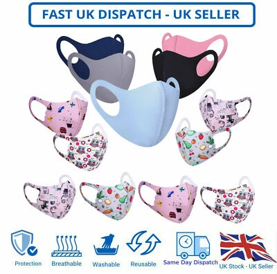 Children Kids Face Mask Mouth Protection Cover Washable Reusable Printed Unisex - Image 1 of 4