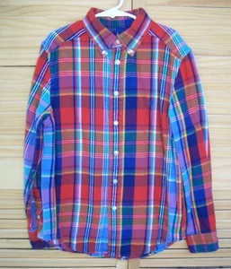 RALPH LAUREN navy & orange plaid flannel button down shirt~boy's sz M~10-12~l/s~ - Picture 1 of 3
