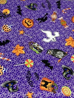 Halloween Cotton Fabric Owls Ghosts Witch Hat Black Cat on Purple 4.75Y x 44"W - Image 1 of 4