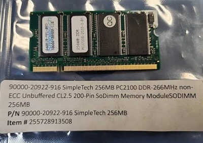 SimpleTech  256MB  Laptop Memory Module  P/N: 90000-20922-116 for sale. - Image 1 of 3