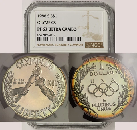 1988-S Seoul Olympics Silver Commemorative Dollar $1 PF 67 UCAM NGC Color Toned Cover