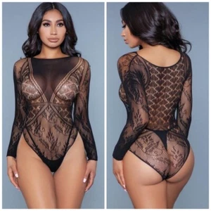 Be Wicked Lingerie Teddy Bodysuit One Piece Black Long Sleeve One Size Lace Mesh - Picture 1 of 10