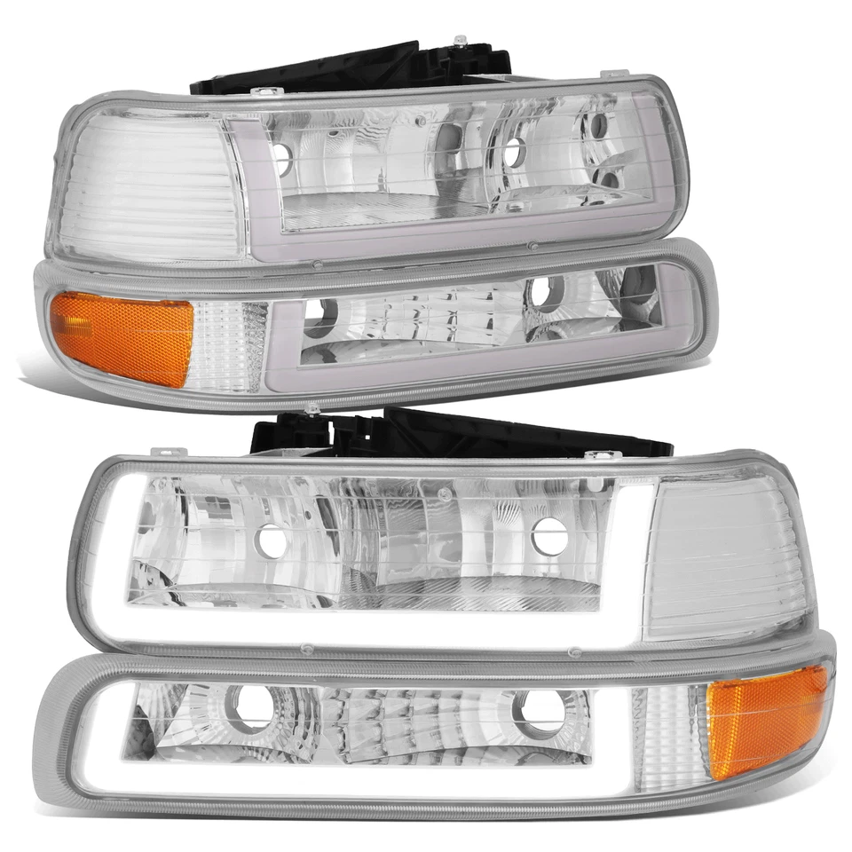Fit 99-02 Silverado Suburban DRL LED 灯条 2 型铬琥珀色车头灯 — 第 1/4 张图片
