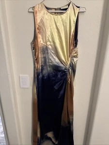 Ulla Johnson Cordelia Ruched Satin MidiDress size 10 Blue Yellow Prom Date - Picture 1 of 13