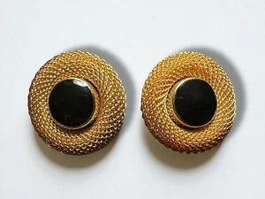Vintage Anne Klein AK Earrings Gold Tone Black Cabochon Round Signed - Picture 1 of 4