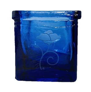 KNOBLER KOBALTBLAU Glas Windlichter Kerzenhalter, geätzte Blume - Bild 1 von 6
