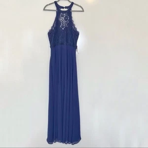 Maxi Vestido de Noche Lulu’s Dance Toda la Noche Azul Marino Encaje Cuello Halter L - Imagen 1 de 9