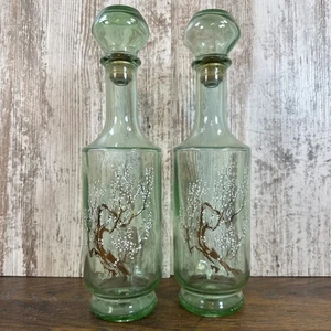Vintage 1960s MCM Green Glass Hand Painted Cherry Blossom Decanters w/Lids Lot 2 - Picture 1 of 16