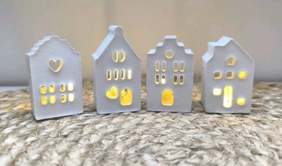 Deko Keramik 4er-Set Häusschen Häuser Ballonlicht Leuchtend Weiß Handgemacht - Bild 1 von 4