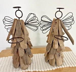 Juego de 2 adornos de ángel de metal y madera a la deriva arte popular primitivo rústico de estilo 10" - Imagen 1 de 6