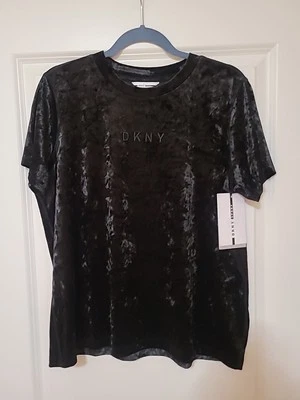 DKNY Sport Black Velour Short Sleeve Shirt Women's Size L NWT - Image 1 of 4
