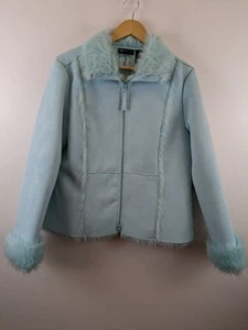 Relativity Womens XL Jacket Aqua Ice Faux Suede/Fur Trim Full Zip NWT MSRP $64 - Picture 1 of 6