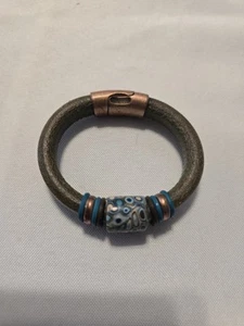 Green Leather Bracelet With Blue And Copper Details  - Picture 1 of 6