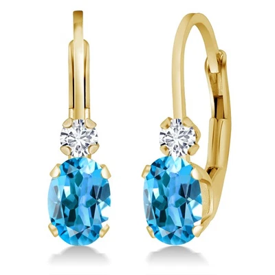 14K Yellow Gold Swiss Blue Topaz and Diamond Leverback Earrings For Women | - Image 1 of 4