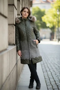 Damen Steppmantel in moderner Form Wolle Applikation olivgrün Gr. 38 - Bild 1 von 2