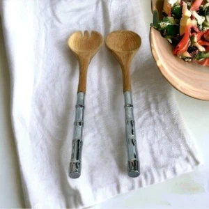 Serving Silverware Wooden Stainless Steel Fork and Spoon Servers 2Pcs SALAD SET - Imagen 1 de 5