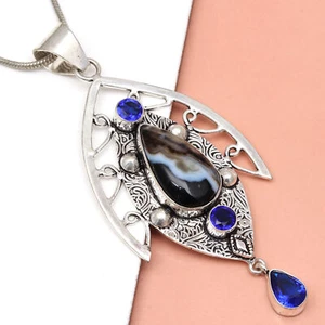 Gray Botswana Agate Tanzite Mother's Day Silver Jewelry Pendant 3.25" - Picture 1 of 11