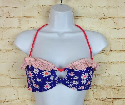 Top halter de bikini Target bandeau XS-S Groovy floral a lunares con volantes azul naranja Foto 1 de 4