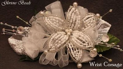 Corsage Silver Beaded Lily Silk Roses, Beads Rhinestones. Boutonniere Option - Image 1 of 4