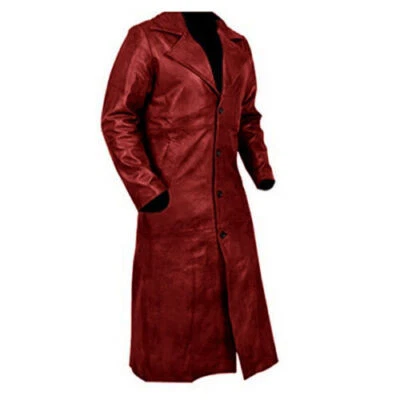 Homme Cuir Rouge Manteau Long 100% Véritable Peau D'Agneau Pleine Longueur - Photo 1/4