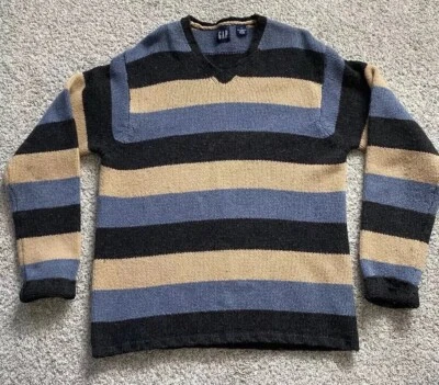 Vtg 90s GAP Mens Lambswool Color Block Knit Baggy Sweater Grunge Med Kurt Cobain - Image 1 of 4