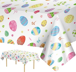2 Pack Easter Tablecloth - Colorful Easter Eggs Table Cloth, Plastic Disposable - Picture 1 of 12