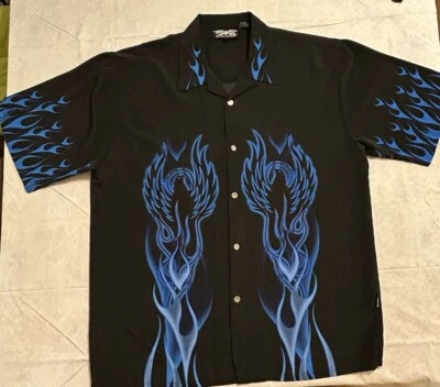 Vintage Dragonfly Shirt Men’s XXL Blue Flame  Fire Bird Tribal Metal Buttons - Image 1 of 4