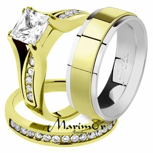 His & Her 14K G.P. Stainless Steel 3pc Wedding Engagement Ring & Men's Band Set - Picture 1 of 1