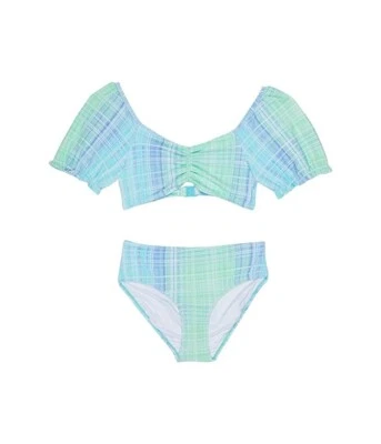 Seafolly Girls Mini Me Portofino Puff Sleeve Blue Bikini Set L113120 Size 12 - Image 1 of 3