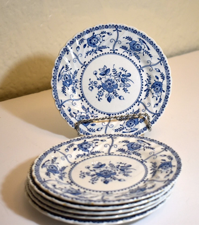 Johnson Brothers "Indies Blue" 6 pratos de pão/sobremesa azul floral e pássaros 6"W - Imagem 1 de 1