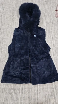 Maximilian Bloomingdale's Real Fur Hooded Vest - Dyed Rabbit & Fox (Navy Blue) - Image 1 of 4