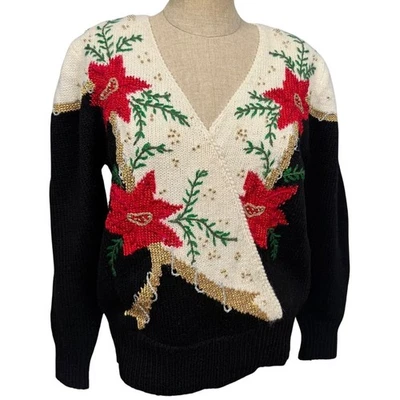 Suéter De Colección Dana Scott L Feo Navidad Poinsettia Negro Rojo Dorado Cuello en V Festivo Foto 1 de 4