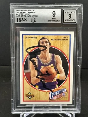 1991 Upper Deck Heroes #4 Jerry West On-Card Autograph BGS 9 Auto 9 - Image 1 of 2