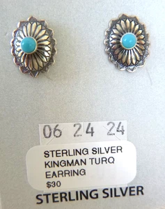 Navajo Ohrstecker Sterling Silber Concho Design Kingman Türkis Cabochons - Bild 1 von 2