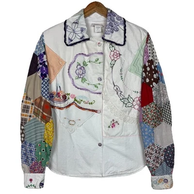 Винтажный KAS оригинальный пэчворк выстеганная скатерть блузка рубашка женщин средний 80-х - Изображение 1 из 4