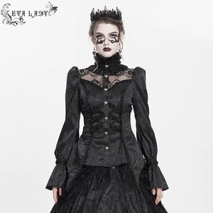 Blusa Prendas para el torso Eva Dama Mujer Negra Vintage Gótica Jacquard Encaje Paneles Manga Larga - Imagen 1 de 25