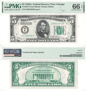 1928-A $5 Federal Reserve Note Fr-1951-G PMG Gem CU-66 EPQ - Picture 1 of 1