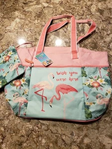Life is A Beach Extra Large Flamingo Beach Tote Bag w Wet Suit Pouch Handle Zips - Picture 1 of 14